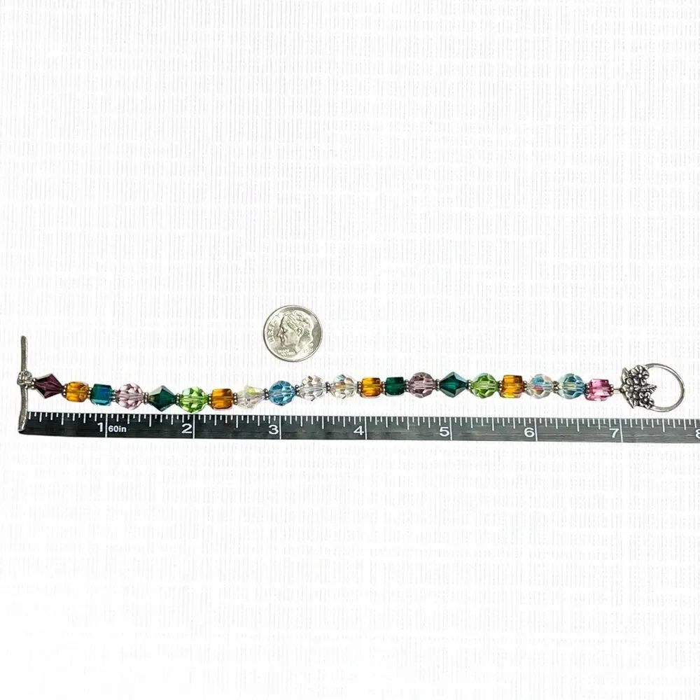 Crystal Bead Bracelet Silver Tone Floral Toggle Clasp Mixed Shapes Faceted Glass